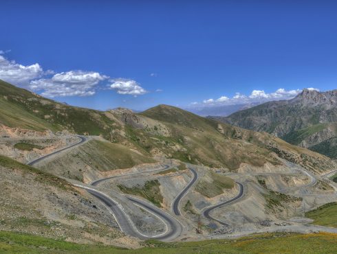 Winding road on Taldyk Pass (3615 m), Kyrgyzstan